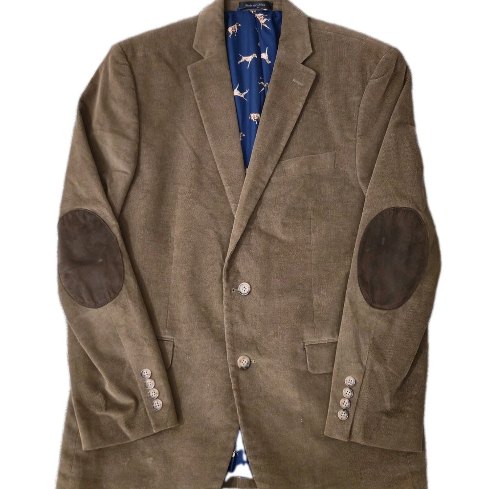Ralph Lauren Mens Corduroy Blazer Jacket Tan Elbow Patch Dog Print Lining 40R